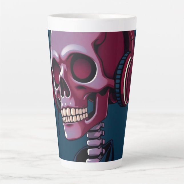 Caneca De Café Latte Esqueleto com fones de ouvido (Frente)