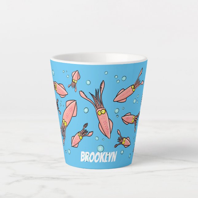 Caneca De Café Latte Estilo de desenho animado de lula rosa e engraçado (Frente)