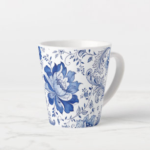 Caneca De Café Latte Estilo Delft Azul Branco Flores Fantasia Caprichos