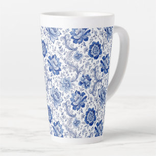 Caneca De Café Latte Estilo Delft Azul Branco Flores Fantasia Caprichos