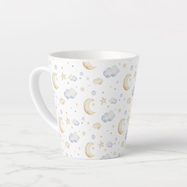 Caneca De Café Latte Estrelas de Lua de Aquarela e Padrão de Nuvem (Ângulo esquerdo)
