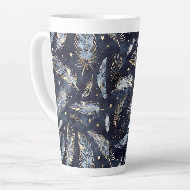 Caneca De Café Latte Estrelas Penas Douradas Azuis (Ângulo esquerdo)