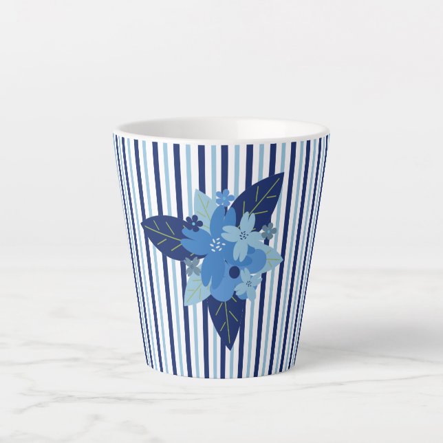 Caneca De Café Latte Estrias florais elegantes, azul monocromático (Frente)