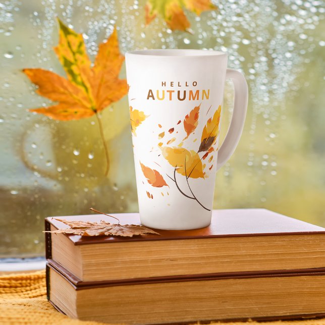 Caneca De Café Latte Fall In Love Hello Autumn Leaves Chá de panela (Criador carregado)