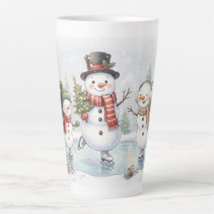 Caneca De Café Latte Família de Bonecos de Neve Patinando no Gelo