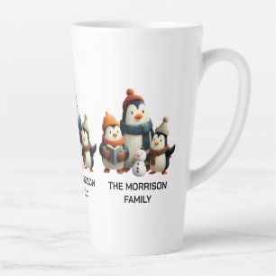 Caneca De Café Latte Família de Pinguins de Inverno com Boneco de Neve