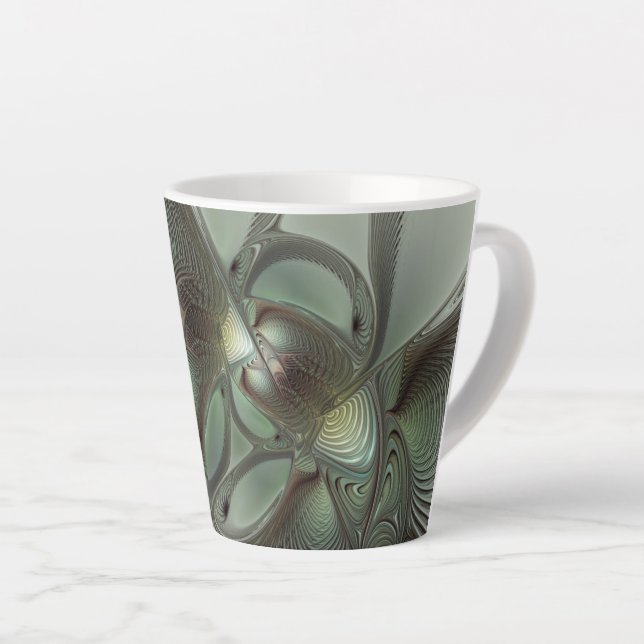 Caneca De Café Latte Fantasia de Arte Fractal da Cinza Olive Sage (Ângulo direito)