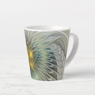 Caneca De Café Latte Fantasia de Flor de Prata Dourada Arte Fractal Abs