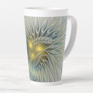 Caneca De Café Latte Fantasia de Flor Prateada Dourada Arte Fractal Abs