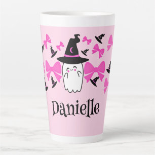 Caneca De Café Latte Fantasma Coquette Rosa com Arcos no Halloween