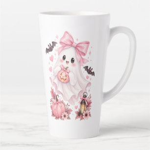 Caneca De Café Latte Fantasma de Halloween com Laço Rosa Fofo