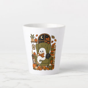 Caneca De Café Latte Fantasma Fofo Lendo Livro Gato Preto Outono Abóbor