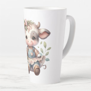 Caneca De Café Latte Farmcore Kawaii Calf em Vintage Vestido Floral