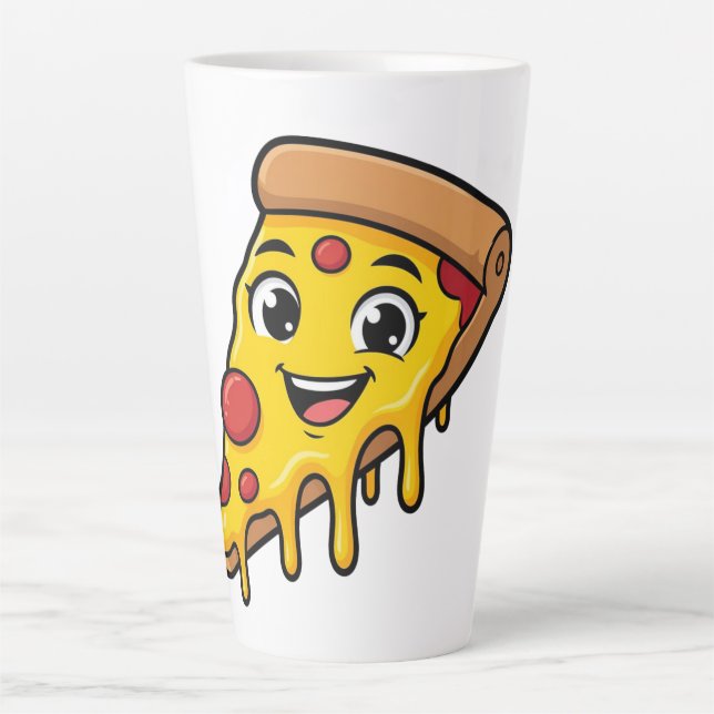 Caneca De Café Latte Fatia de Pizza Feliz e Divertida com Queijo Elásti (Frente)