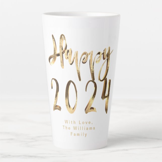 Caneca De Café Latte Faux Dourado Script Happy 2024 Ano Novo (Frente)