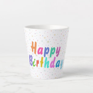 Caneca De Café Latte Feliz Aniversário Estrelas e Texto Coloridos     