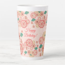 Caneca De Café Latte Feliz Aniversário - Jardim das Flores de Pêssego P