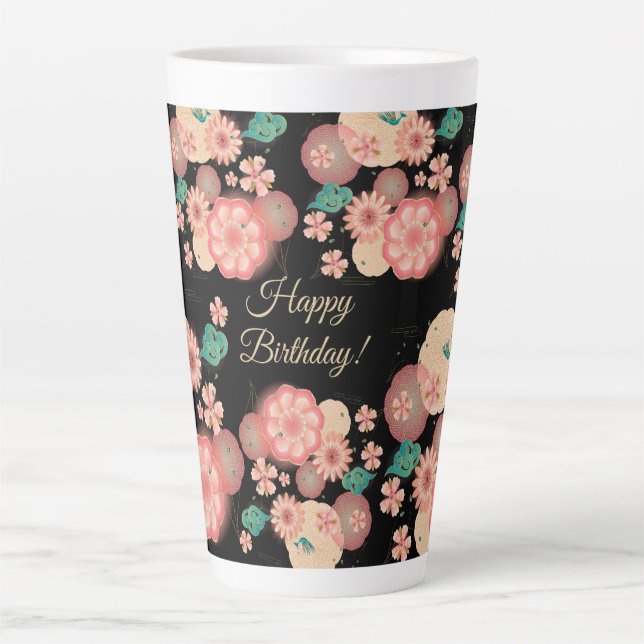 Caneca De Café Latte Feliz Aniversário - Jardim das Flores de Pêssego P (Frente)