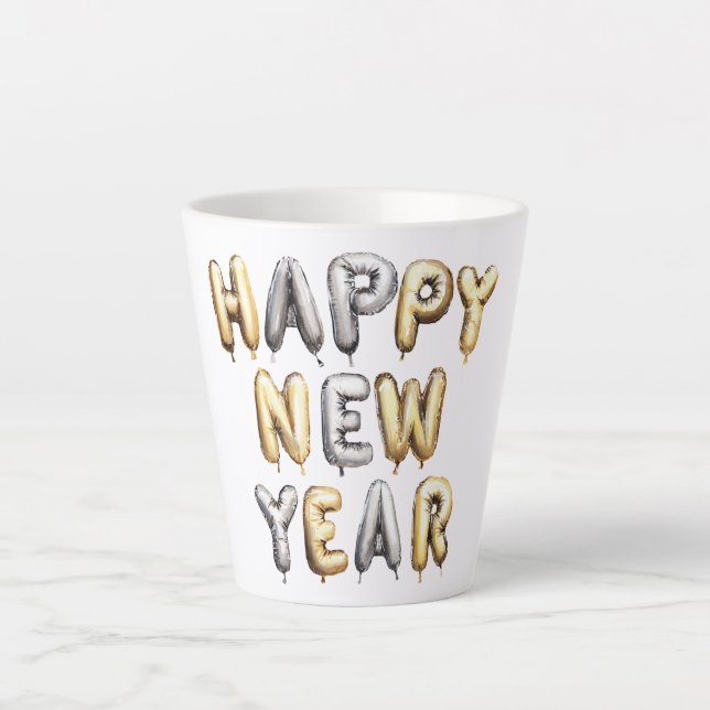Caneca De Café Latte Feliz Ano Novo Cinza Dourado (Frente)