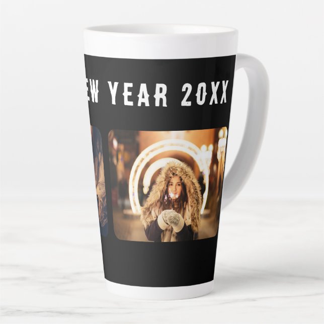 Caneca De Café Latte feliz ano novo Preto de Colagem de Fotos 2023 (Ângulo direito)