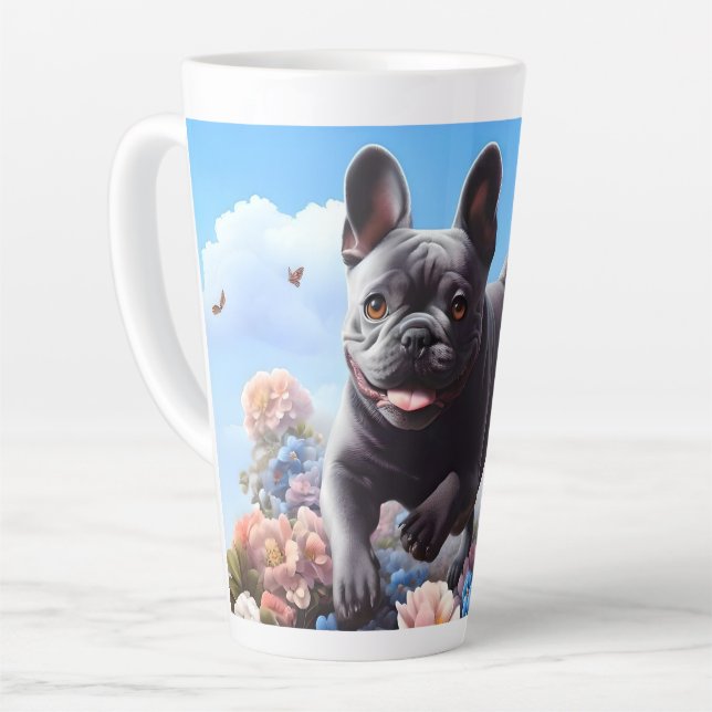 Caneca De Café Latte Feliz Bulldog Francês Azul e Flores (Ângulo esquerdo)