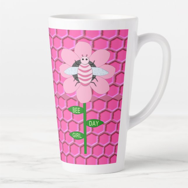 Caneca De Café Latte Feliz Bumblebee de Aniversário Rosa (Direita)