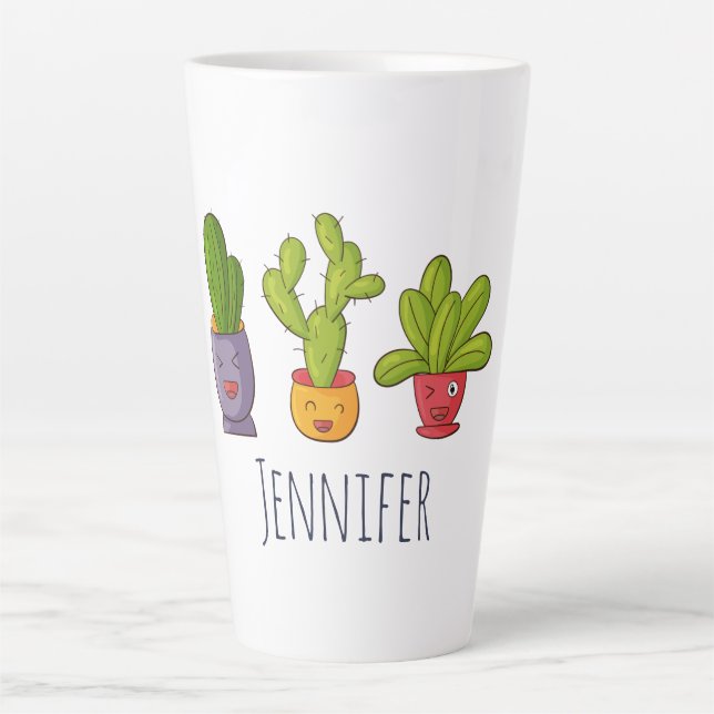 Caneca De Café Latte Feliz Cactus Cute em Potes Flores, ilustração dive (Frente)