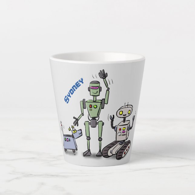 Caneca De Café Latte Feliz desenho animado de robôs fofos (Frente)