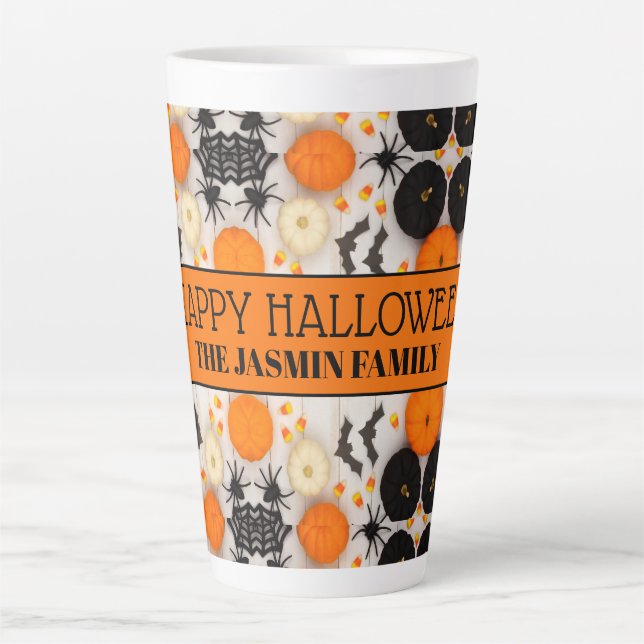 Caneca De Café Latte Feliz Dia das Bruxas Abóbora Laranja (Frente)
