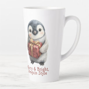 Caneca De Café Latte Feliz e Pinguim Brilhante Natal