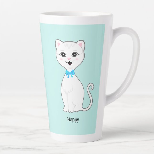 Caneca De Café Latte Feliz Gato Branco Gelado de Azul Claro (Direita)