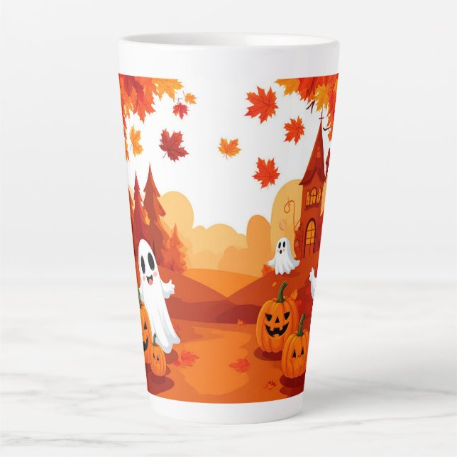 Caneca De Café Latte Feliz Halloween Abóbora Fantasma Floresta 🎃 (Frente)