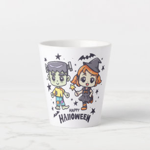 Caneca De Café Latte Feliz Halloween - Bruxa Bonita e Zombie