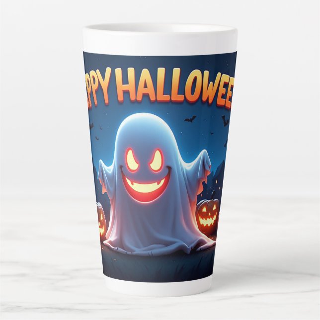 Caneca De Café Latte Feliz Halloween Fantasma Com Abóboras Noturnas Rel (Frente)