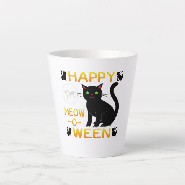 Caneca De Café Latte Feliz Meow-O-Ween - Gatos Pretos (Frente)