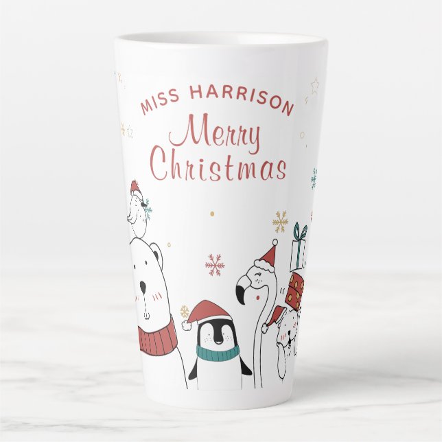 Caneca De Café Latte Feliz Natal, Engraçados Animais Bonitos Personaliz (Frente)