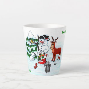 Caneca De Café Latte Feliz Natal! Homem de Neve com Amigos