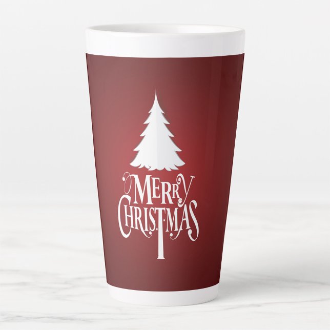 Caneca De Café Latte Feliz Natal Latte Mug (White Christmas Tree White Lettering Red Background!)