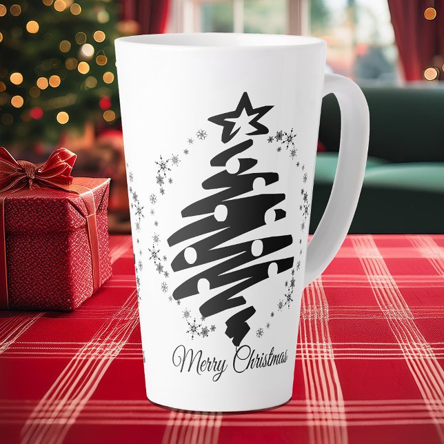 Caneca De Café Latte Feliz Natal Moderno Feriado Branco Negro (Merry Christmas Modern Black White Holiday Latte Mug)