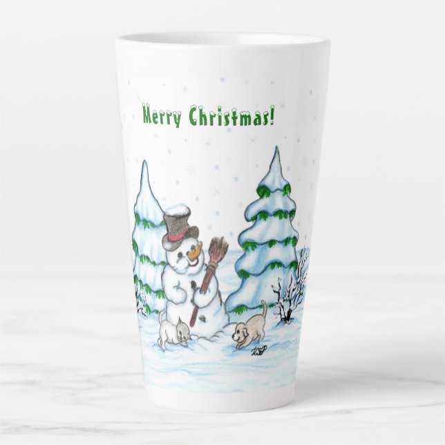 Caneca De Café Latte Feliz Natal! Neve com Cat e Puppy (Frente)