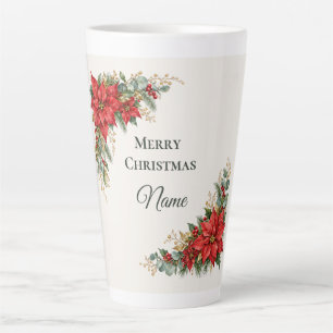 Caneca De Café Latte Feliz Natal Nome Personalizado Poinsettia