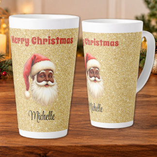 Caneca De Café Latte Feliz Natal Papai Noel Preto Dourado Brilhante