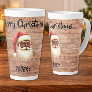 Caneca De Café Latte Feliz Natal Papai Noel Preto em Madeira