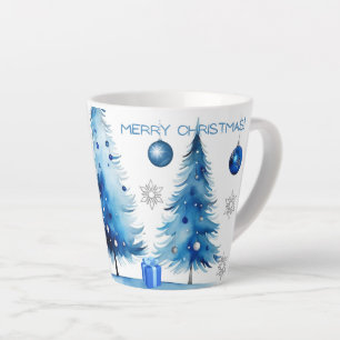 Caneca De Café Latte Feliz Natal Silver e azul Japandi Watercolor