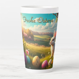 Caneca De Café Latte Feliz Páscoa em uma paisagem de primavera