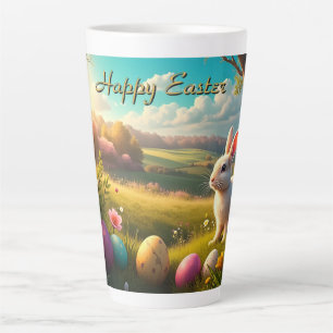 Caneca De Café Latte Feliz Páscoa em uma Paisagem de Primavera