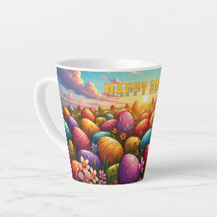 Caneca De Café Latte Feliz Páscoa Ovos Coloridos na Primavera Prado