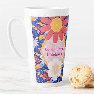 Caneca De Café Latte Feliz Rosh Hashanah Jewish Ano Novo Padrão Floral