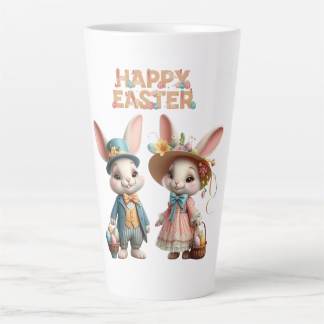 Caneca De Café Latte Felz pascoa branco, com 2 coelhos (Frente)