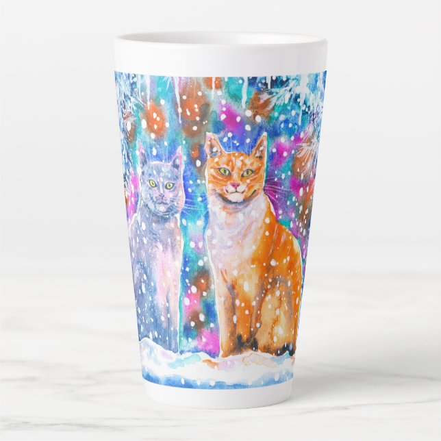 Caneca De Café Latte Feriado de Natal com Aquarela Cats (Frente)